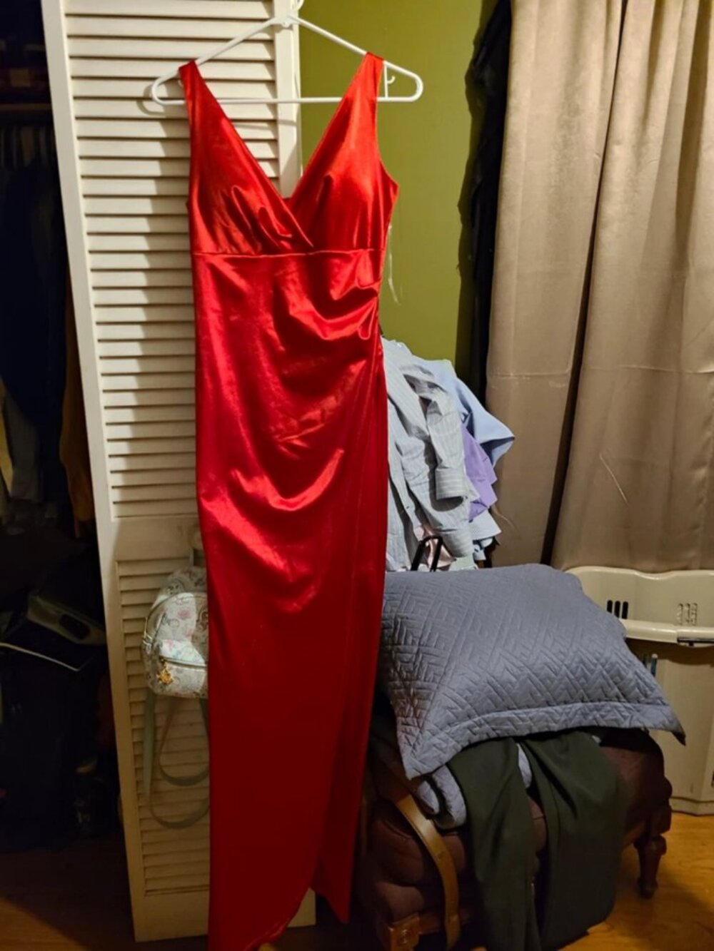 Women's Red Satin V-Neck Sleeveless Strappy Maxi Dress Long